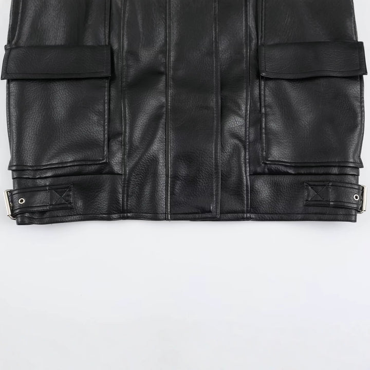 Damen Oversize Kunstlederjacke mit hohem Stehkragen, aufgesetzten Taschen und verstellbaren Schnallen Drune