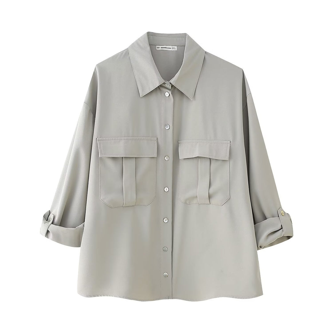 Damen Zweiteiliges Ensemble mit Oversized-Hemd, Pattentaschen und weiter Gummibundhose Drune