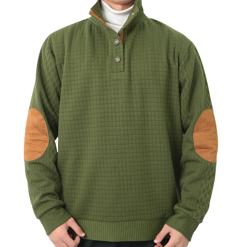 Herren Waffelstrick-Halbzip-Pullover mit Stehkragen Lederbesatz und Ellbogenpatches Drune