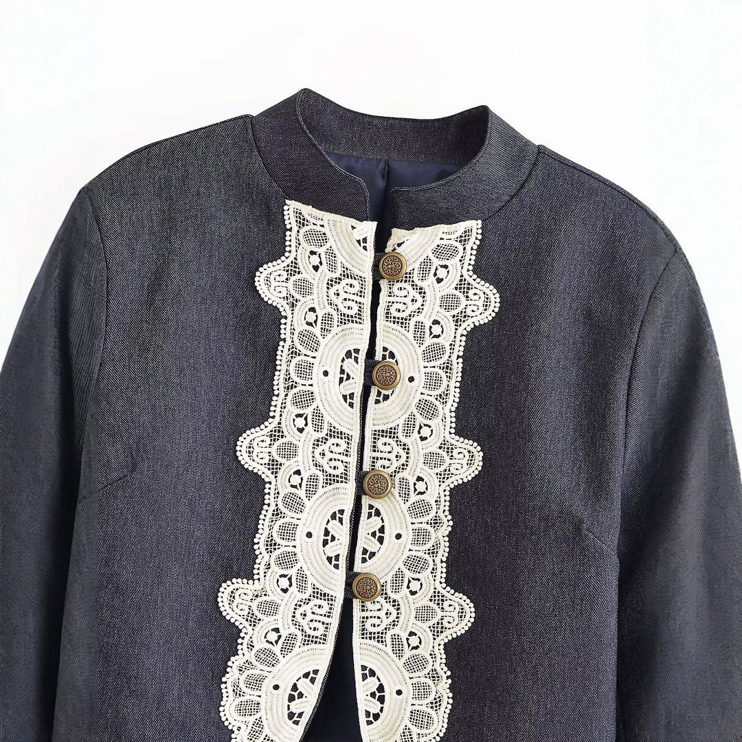 Damen Cropped‑Blazer im Bolero‑Stil mit Spitzenbordüre und Zierknöpfen Drune