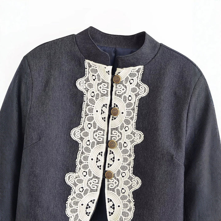 Damen Cropped‑Blazer im Bolero‑Stil mit Spitzenbordüre und Zierknöpfen Drune