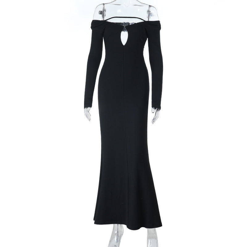 Damen elegantes schulterfreies Abendkleid mit Herz-Ausschnitt und langen Ärmeln Drune
