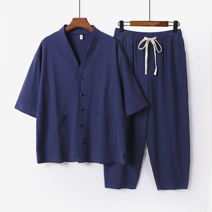Unisex Leichtes Kimono-Lounge-Set aus Baumwoll-Leinen mit Kurzarmjacke und Kordelbund-Hose Drune