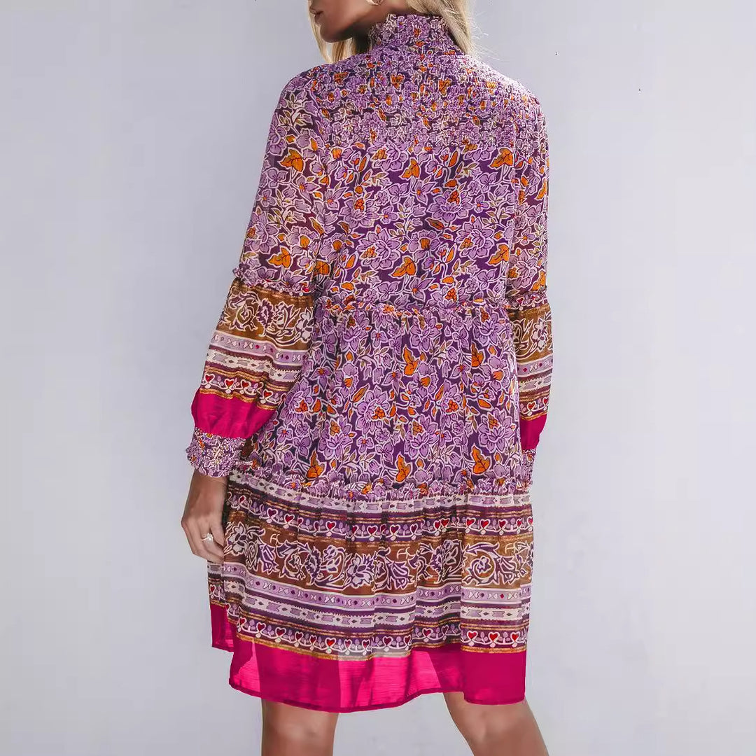 Damen Boho-inspiriertes Midi-Kleid mit elastischem Taillenbund und voluminösen Ärmeln Drune