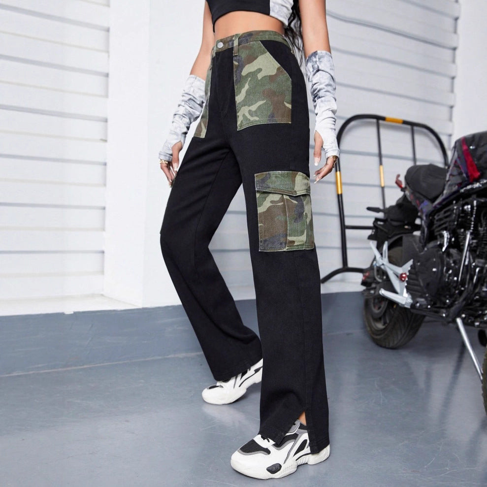 Damen High-Waist Cargo-Jeans mit Camouflage-Einsätzen und weitem Bein Drune