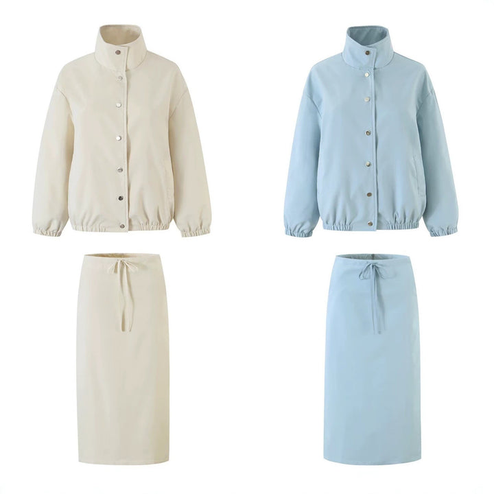 Damen Zweiteiliges Set aus kurzem Blouson mit Stehkragen und hoher Taillen-Bleistiftrock Drune