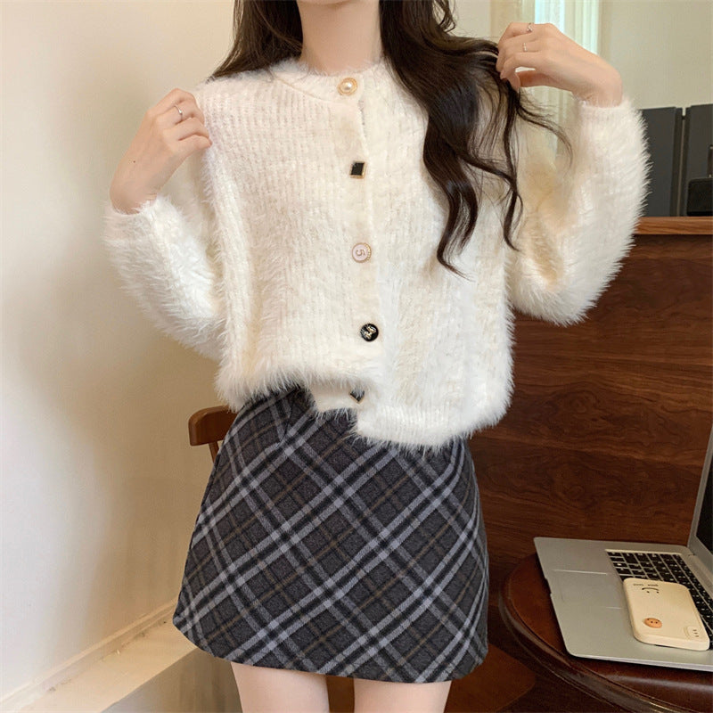 Damen kuschelige Strickjacke mit Knöpfen und weichem Fellstruktur Drune