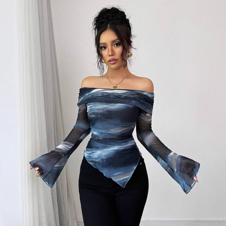 Damen nan schulterfreies Mesh-Wickeltop mit asymmetrischem Zipfelsaum und langen ausgestellten Ärmeln Drune
