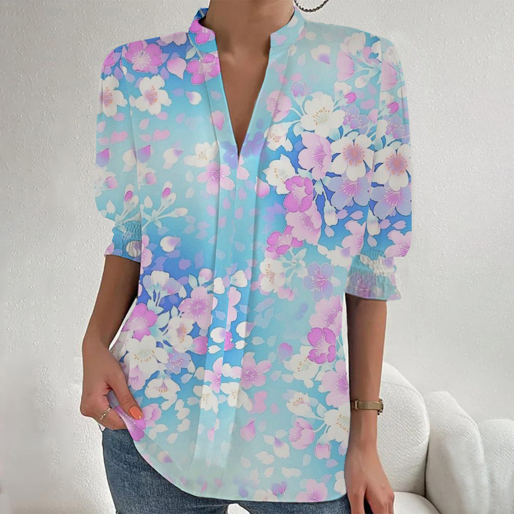 Damen Blumenprint Tunika-Bluse mit Stehkragen, geschlitzter V‑Blende und gerafften 3/4-Ärmeln Drune