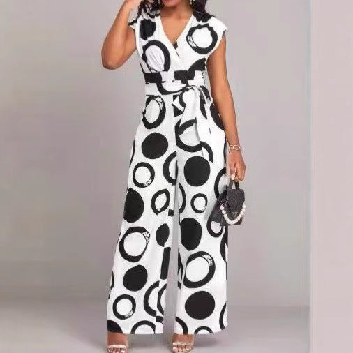 Damen Jumpsuit mit modernem Kreismuster und Taillengürtel Drune
