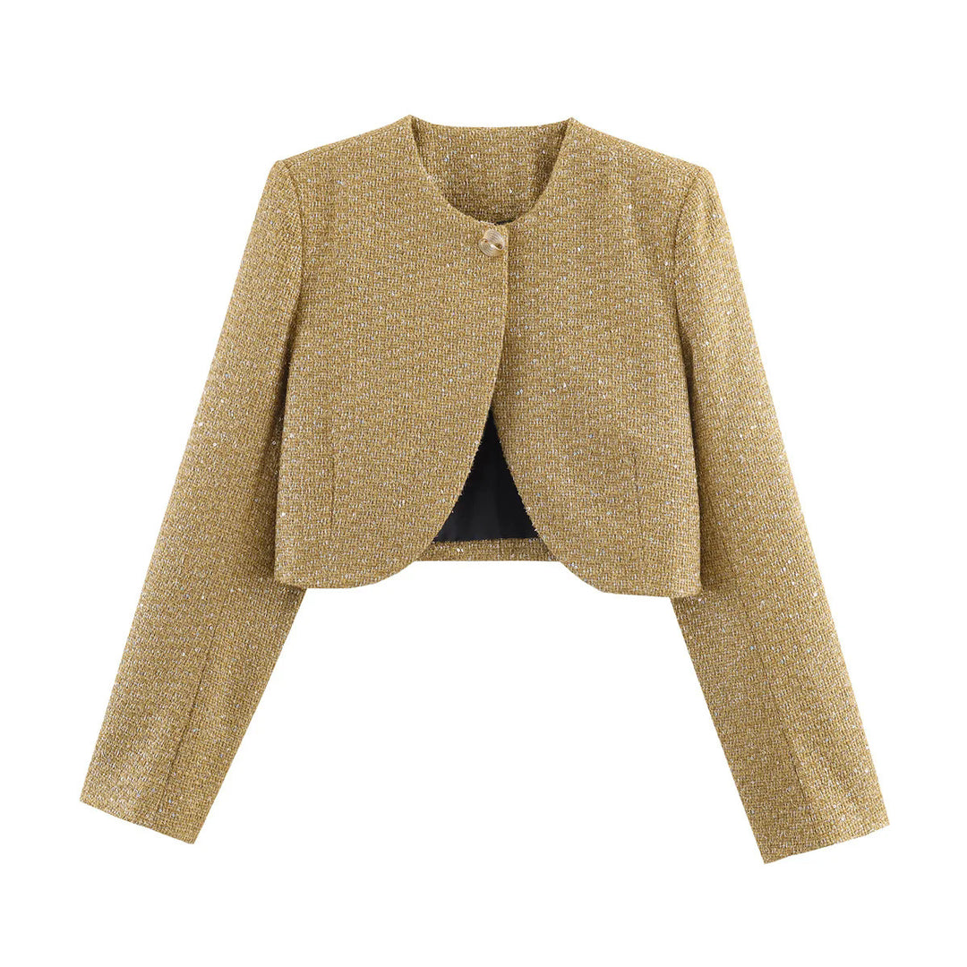 Damen nan kurzes Bouclé-Blazerjacke mit Rundhals und Zierknopf Drune