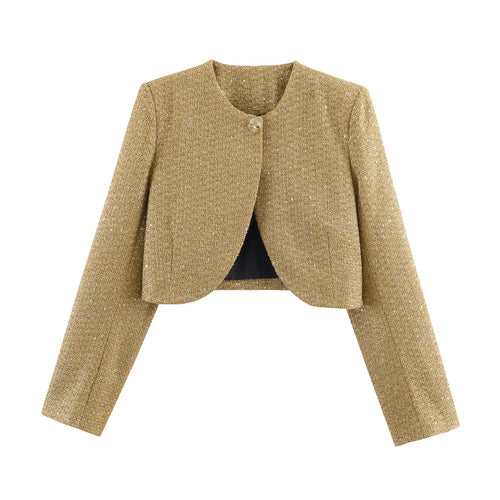 Damen nan kurzes Bouclé-Blazerjacke mit Rundhals und Zierknopf Drune