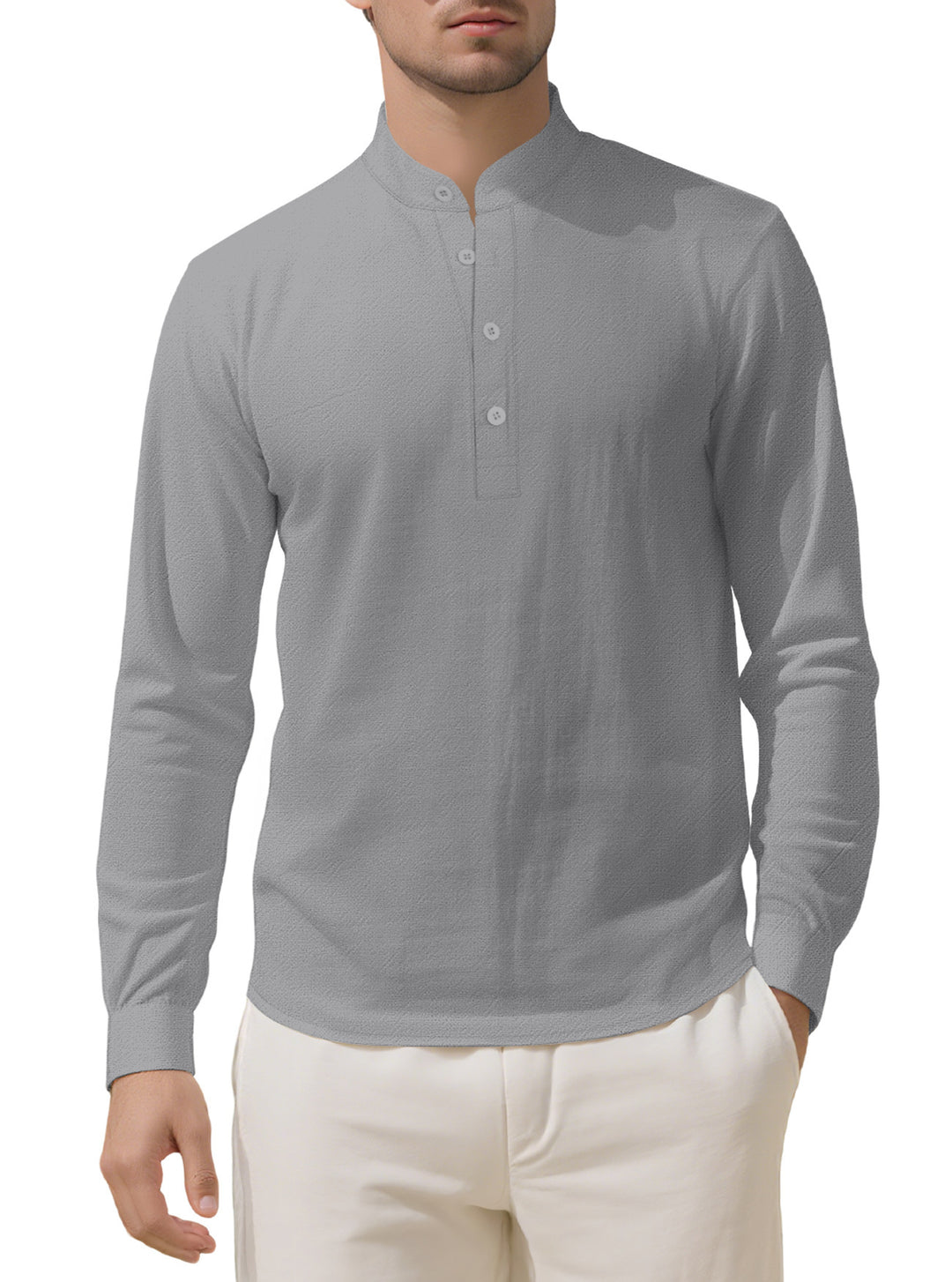 Herren Elegantes Langarmhemd mit Stehkragen und Knopfleiste Drune