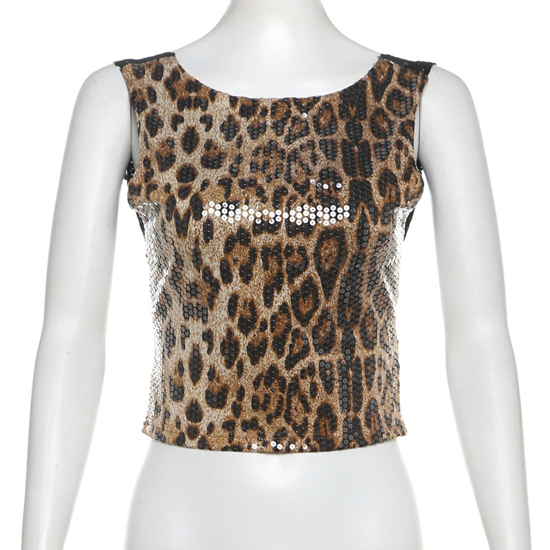 Damen Glamouröses Top mit Pailletten und Leopardenmuster Drune