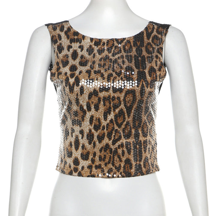 Damen Glamouröses Top mit Pailletten und Leopardenmuster Drune
