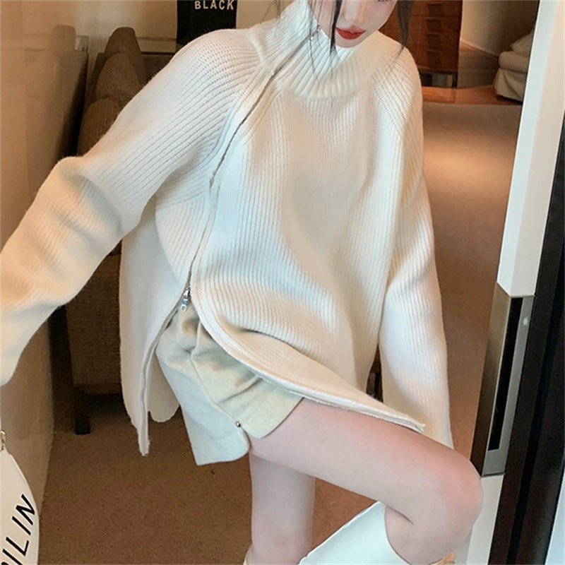 Damen Oversized Rollkragenpullover mit seitlichem Reißverschluss und geripptem Design Drune