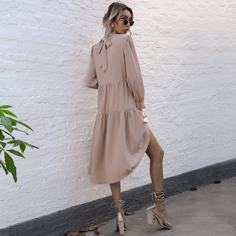Damen Elegantes Hochgeschlossenes Kleid mit Rüschen Drune