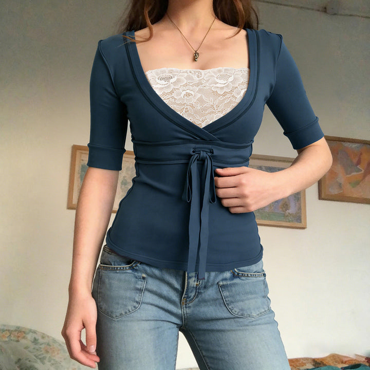 Damen Wickeloberteil mit eleganter Schleife und tiefem V-Ausschnitt Drune