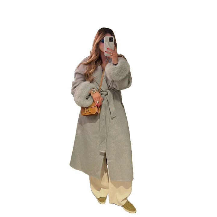 Damen Elegante Langjacke mit abnehmbaren Fuchsärmeln Drune