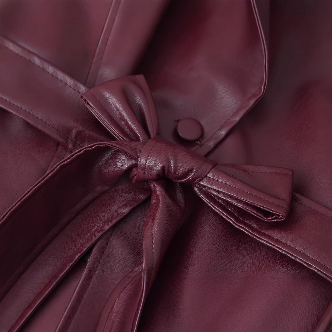 Damen Kunstleder Blazerjacke mit tailliertem Schnitt und schickem Bindegürtel Drune