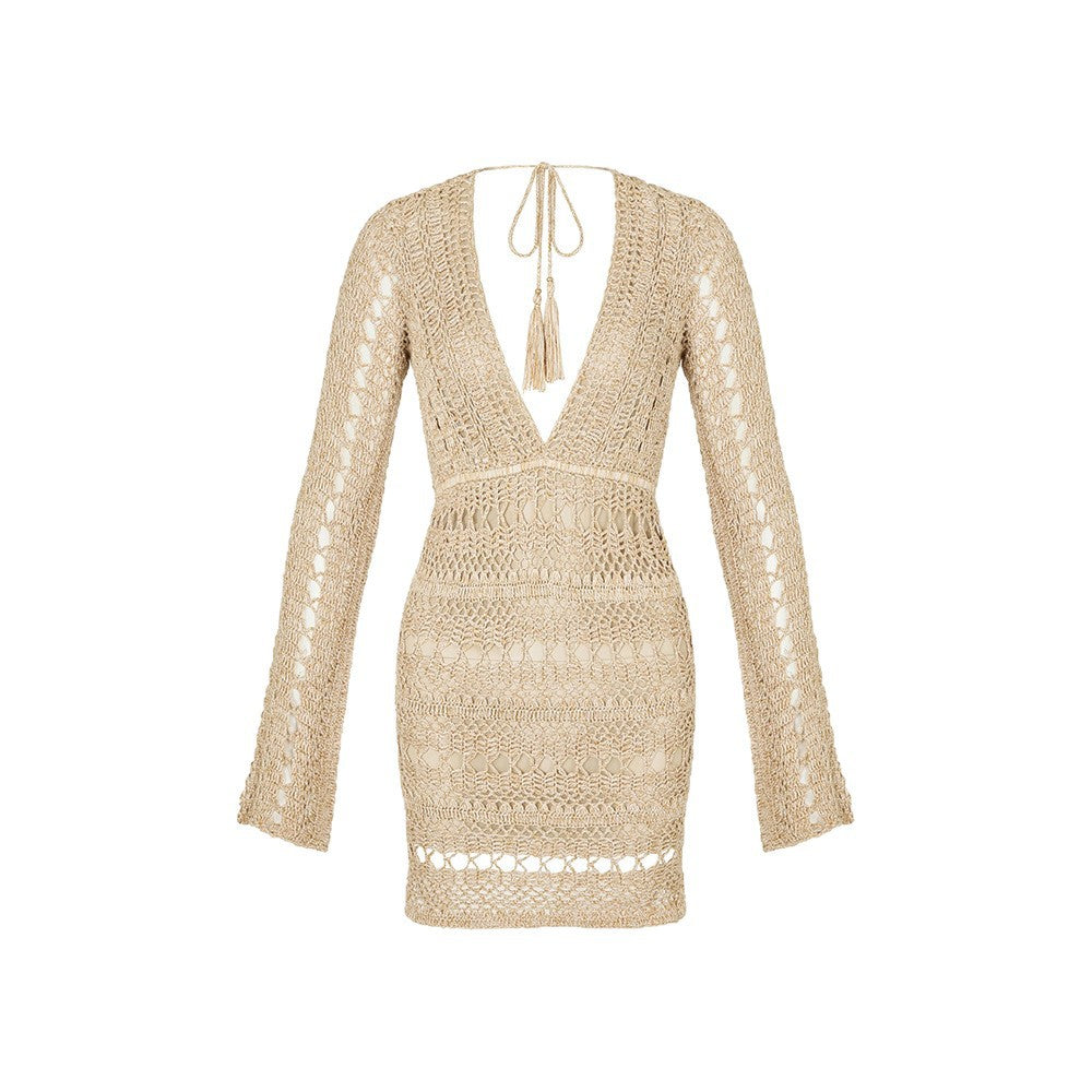 Damen gehäkeltes Strandkleid mit tiefem V-Ausschnitt und langem Arm Drune