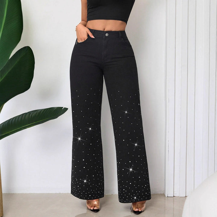 Damen High-Waist Jeans mit funkelndem Strassbesatz und weitem Schnitt Drune