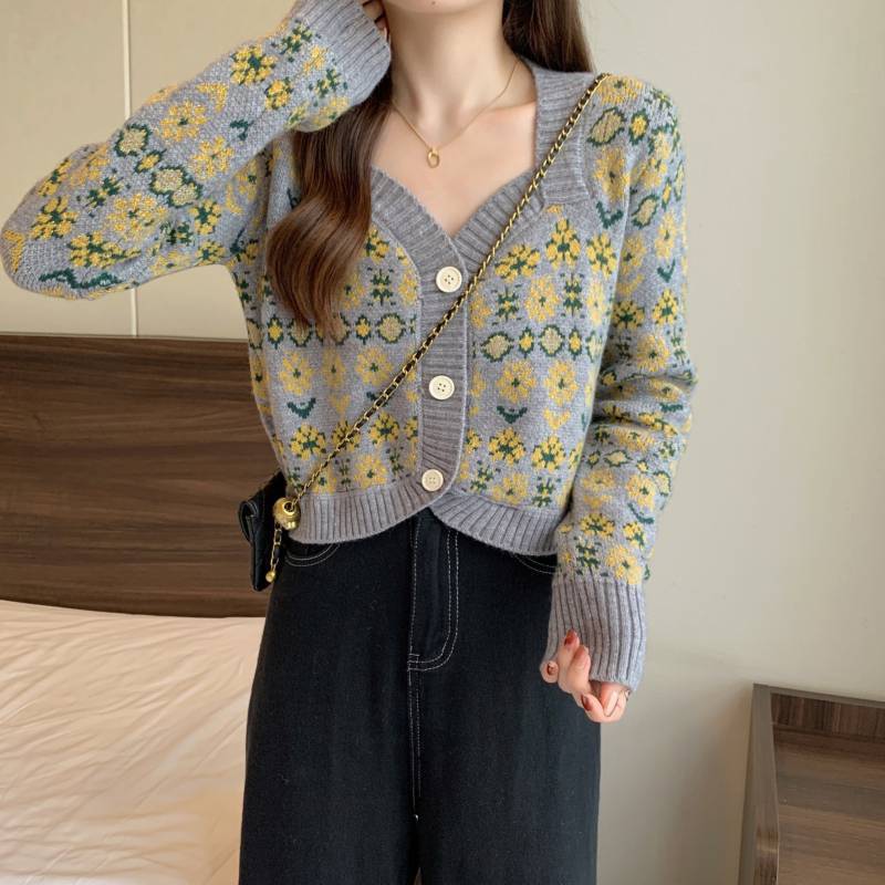 Damen verspielte gestrickte Blütenjacke mit breiten Bündchen Drune