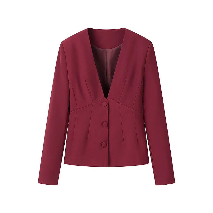 Damen nan taillierter Blazer mit tiefem V-Ausschnitt, dekorativen Wiener Nähten und bezogenen Knöpfen Drune