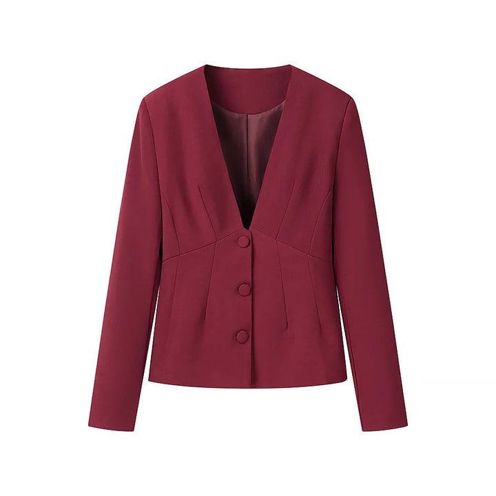 Damen nan taillierter Blazer mit tiefem V-Ausschnitt, dekorativen Wiener Nähten und bezogenen Knöpfen Drune