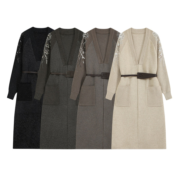 Damen Lange Strickjacke mit Gürtel, tiefem V‑Ausschnitt und bestickten Paillettenärmeln Drune