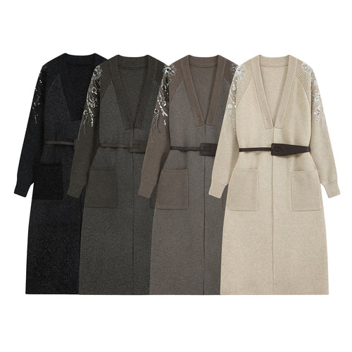Damen Lange Strickjacke mit Gürtel, tiefem V‑Ausschnitt und bestickten Paillettenärmeln Drune