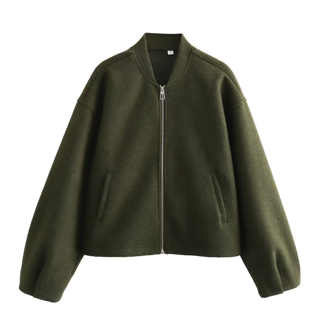 Damen nan kurz geschnittene minimalistische Bomberjacke mit verdecktem Zwei-Wege-Reißverschluss und Eingrifftaschen Drune