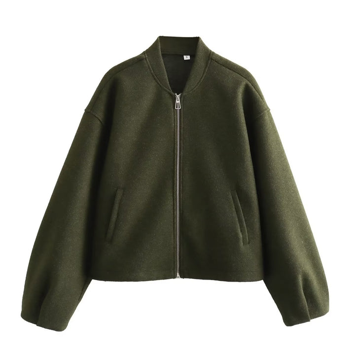Damen nan kurz geschnittene minimalistische Bomberjacke mit verdecktem Zwei-Wege-Reißverschluss und Eingrifftaschen Drune