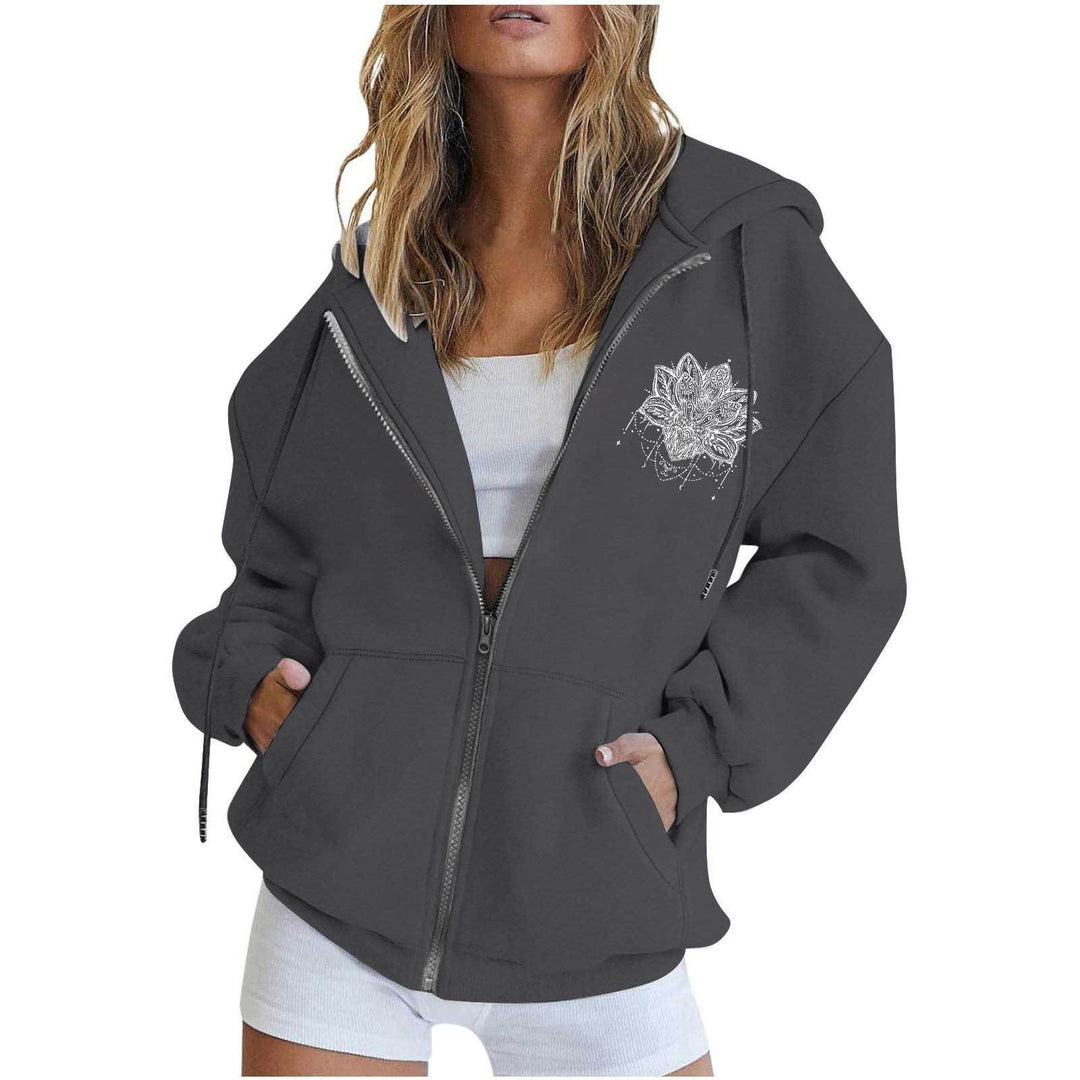 Damen nan oversized Kapuzenjacke mit Frontreißverschluss, Kängurutaschen und stilisiertem Sonnenblumenprint Drune