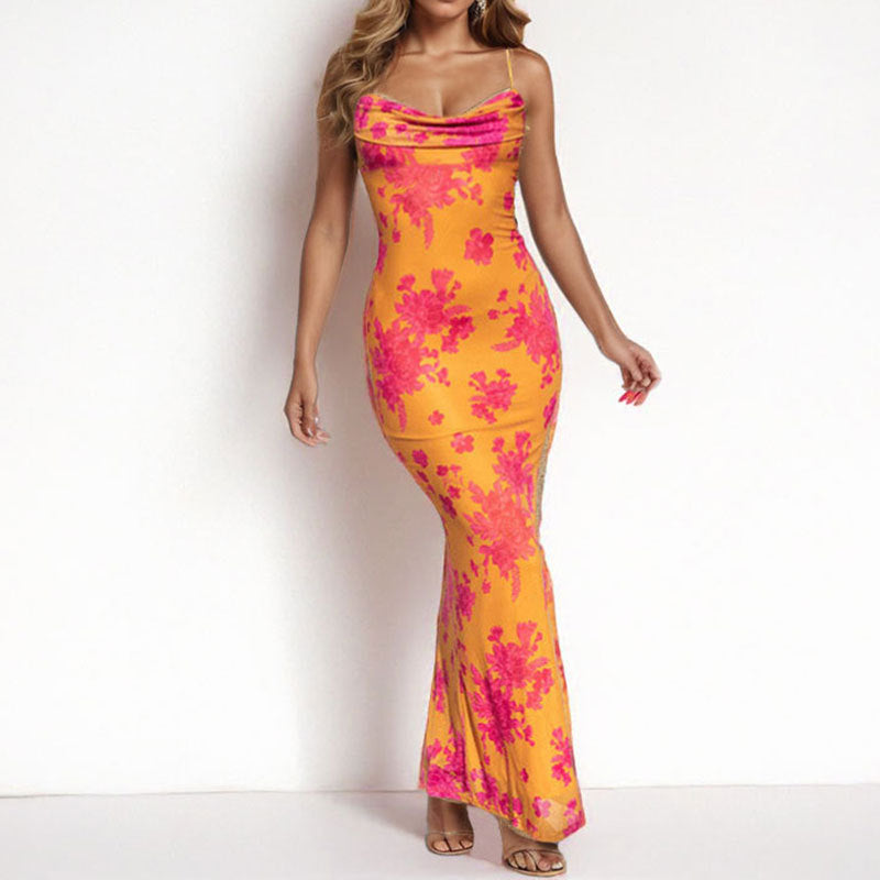 Damen Maxi-Kleid mit elegantem Wasserfallausschnitt und dekorativen Spaghetti-Trägern Drune