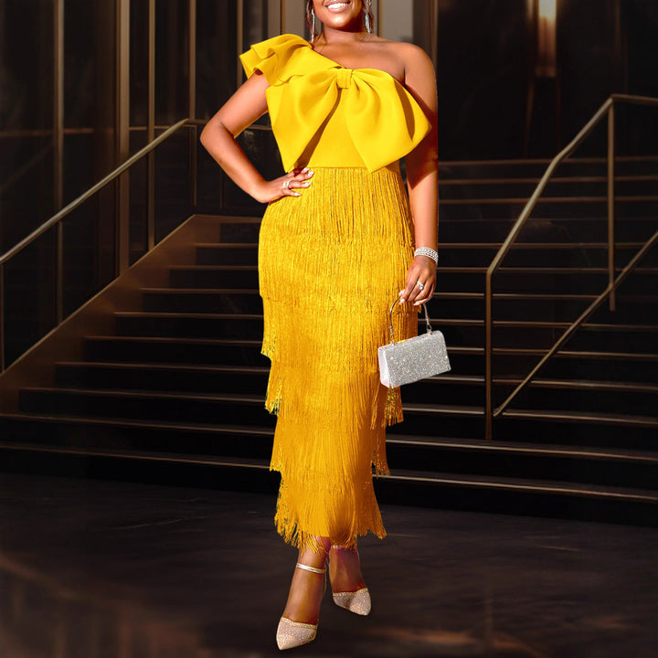 Damen Cocktailkleid mit voluminösem Rüschendesign und Fransen Drune