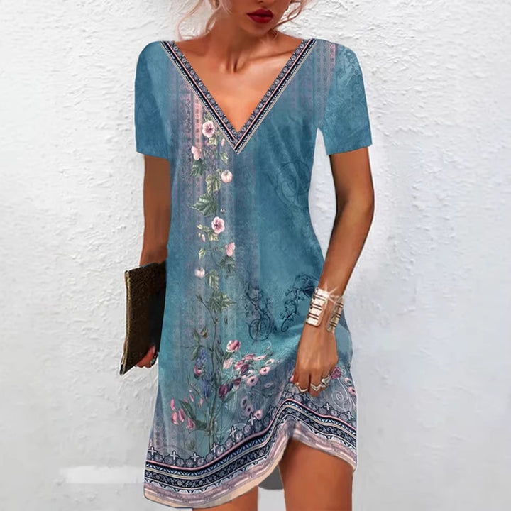 Frauen Floral V-Ausschnitt Tunika Kleid mit Border Print und langen Ärmeln Drune