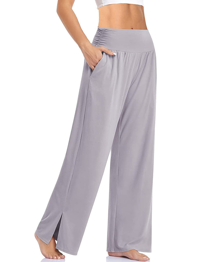 Damen nan weite Yogahose mit hohem Komfortbund, seitlichen Eingrifftaschen und seitlichem Bein-Schlitz Drune