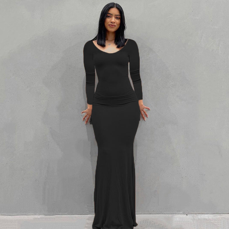 Damen Körperbetontes Maxi‑Jerseykleid mit taillierter Drapierung, langen Ärmeln und ausgestelltem Saum Drune