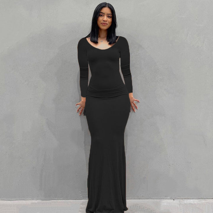Damen Körperbetontes Maxi‑Jerseykleid mit taillierter Drapierung, langen Ärmeln und ausgestelltem Saum Drune