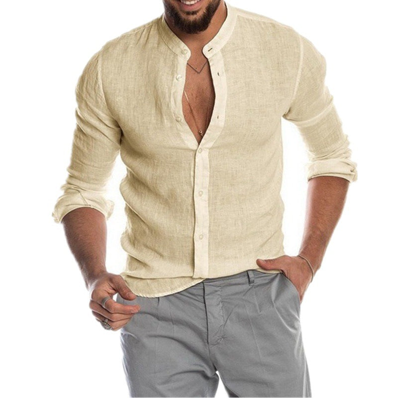 Herren lässiges Leinenhemd mit modischem Henley-Ausschnitt und hochwertiger Knopfdetail Drune