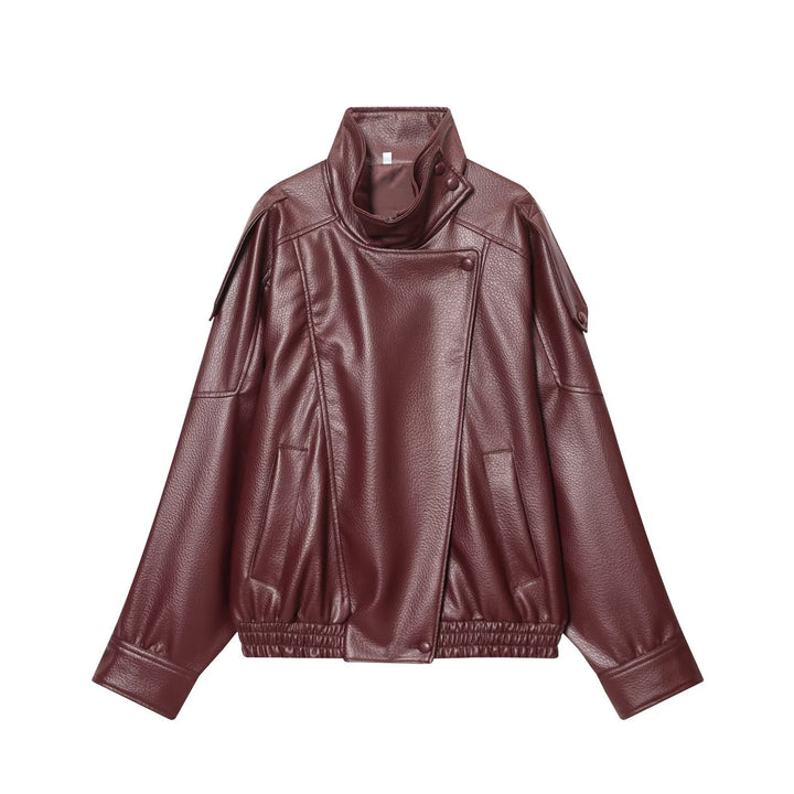 Damen nan Kunstleder-Bomberjacke mit hohem Stehkragen, asymmetrischer Druckknopfleiste und elastischem Saum Drune