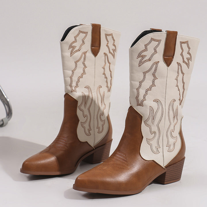Damen nan Cowboystiefel im Westernstil mit mittelhohem Blockabsatz spitzer Zehenkappe und dekorativer Stickerei Drune