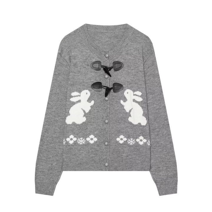 Damen Strickcardigan mit Hasenintarsien und dekorativem Knebelverschluss Drune