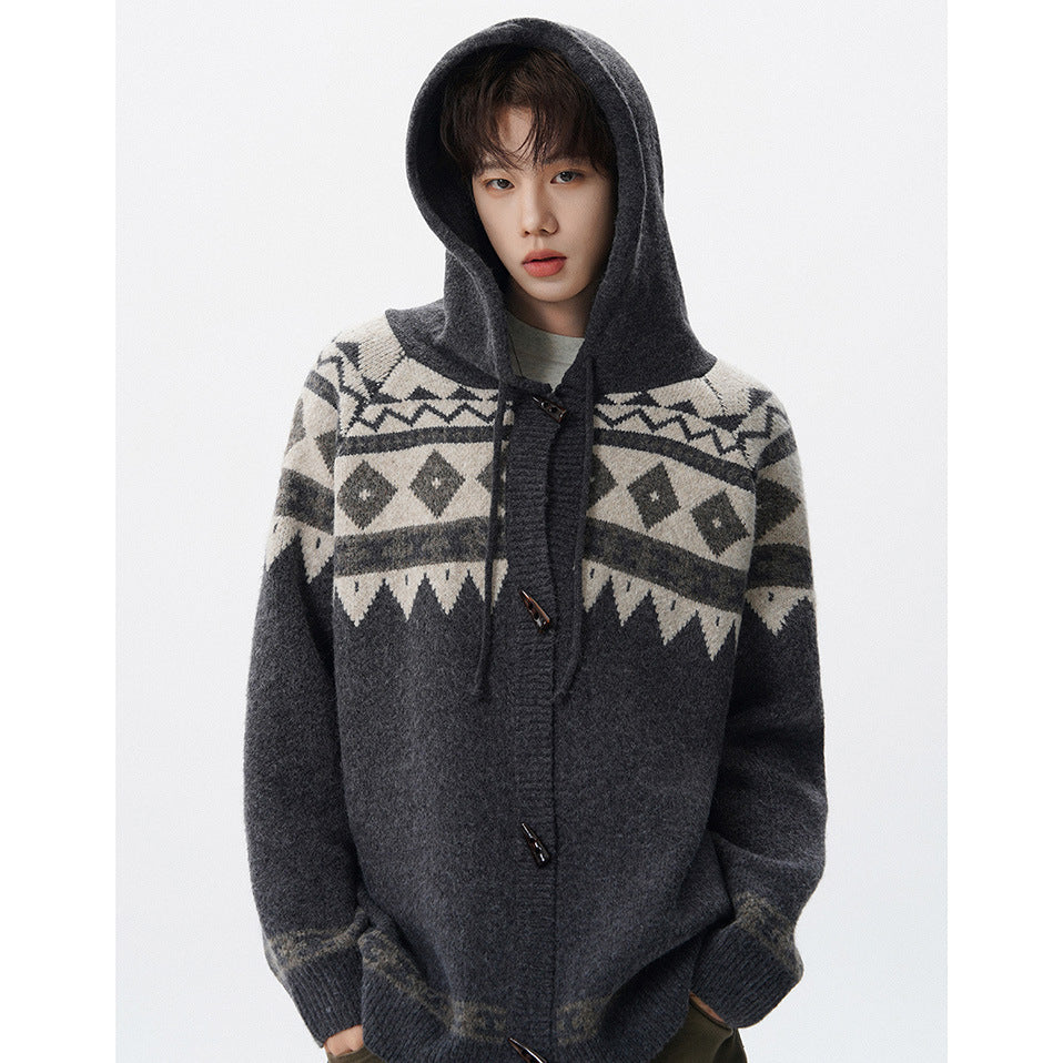 Herren Strickjacke mit Kapuze und grafischem Muster Drune