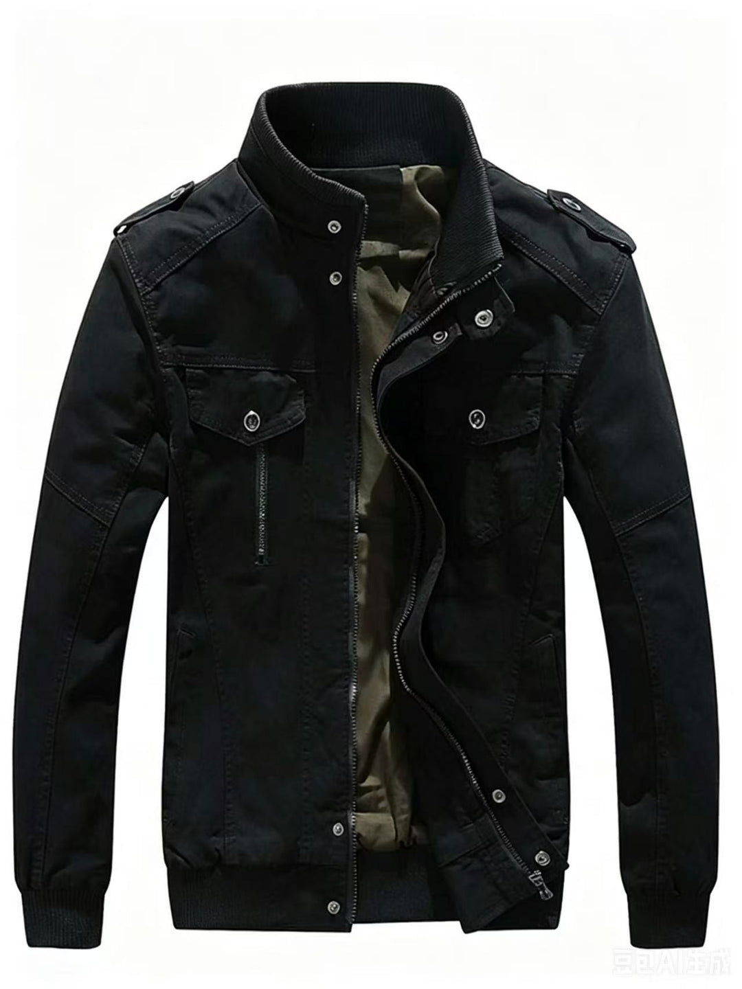 Herren Militärisch inspirierte Canvas-Übergangsjacke mit Stehkragen und Epauletten Drune