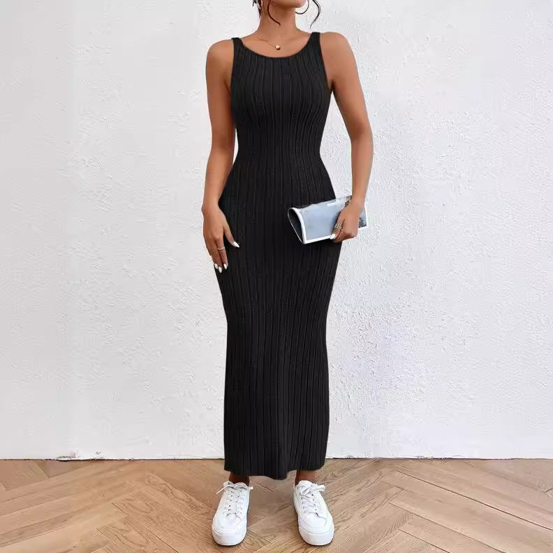 Damen figurbetontes Langarm-Maxikleid mit Rippenstruktur und Rundhalsausschnitt Drune