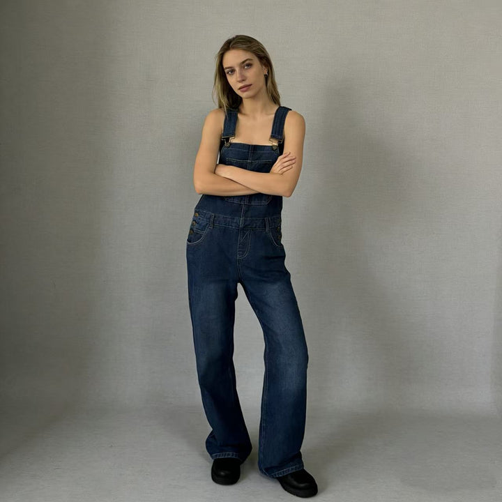 Damen nan weiche Denim-Latzhose mit weitem Bein, verstellbaren Trägern und Pattentasche Drune