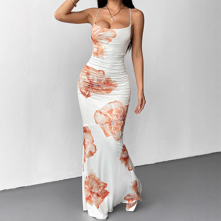 Damen Maxikleid mit zarten floralen Akzenten und schimmerndem Stoff Drune