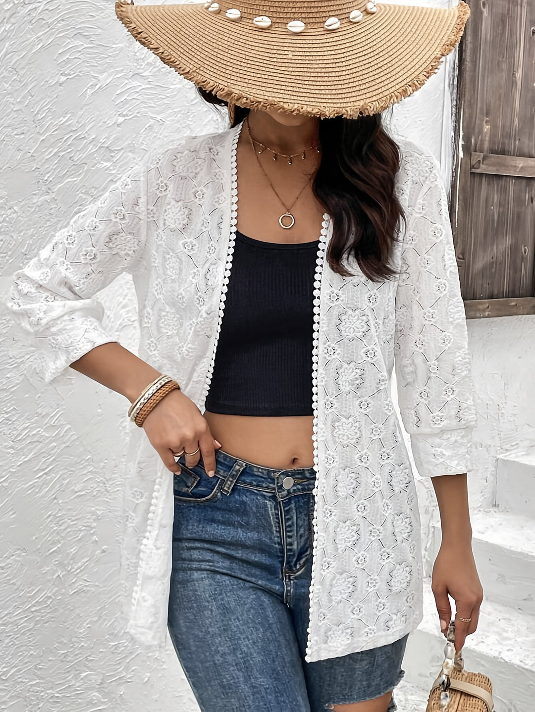 Damen nan luftiger Spitzenkimono Strandcardigan mit gehäkelter Bordüre Drune
